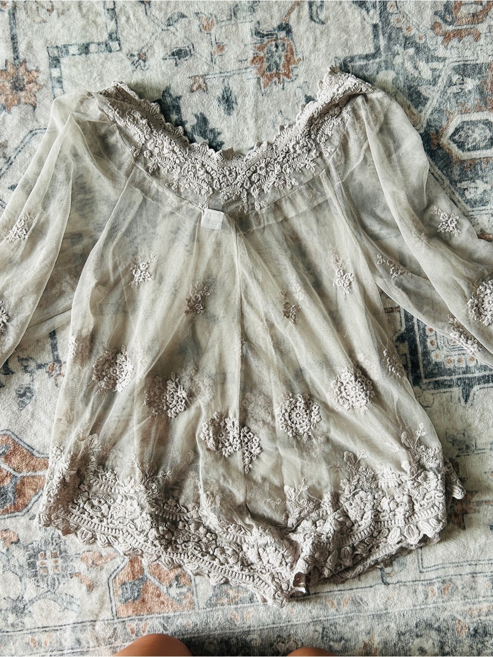 XCVI Lace-Embroidered Sheer Peasant Blouse in Taupe - Picture 5 of 5